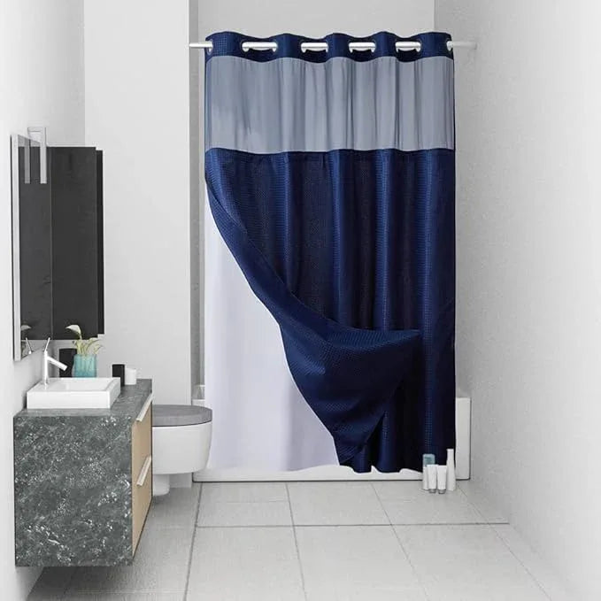 No Hook Waffle Weave Shower Curtain with Snap in Fabric Liner Set,Heavy Duty Textured Bathroom Curtain with See Through Window,Waterproof & Machine Washable,Navy Blue,Stall 36x72 Inch - ModernBath