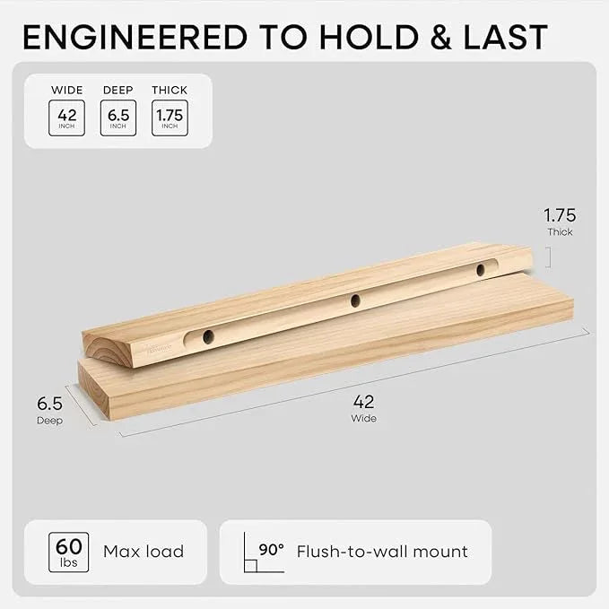 Homeforia 42 inch Natural Floating Shelf, High End Solid Real Wood 42inch Small Floating Shelves for Wall Mounted, Natural Wooden Floating Shelves, Heavy Duty Bracket, 42 X 6.5 X 1.75 in, Set of 3 - ModernBath
