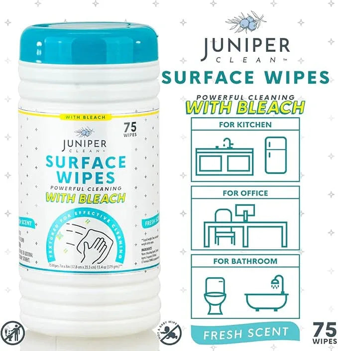 Juniper CLEAN 4 Pack Surface Cleaning Wipes with Bleach, All-Purpose Cleaner for Bathroom, Kitchen, Office, 300 Count Canister, 7.5" x 7" Sheet, Fresh Scent, Lint Free & Durable - ModernBath