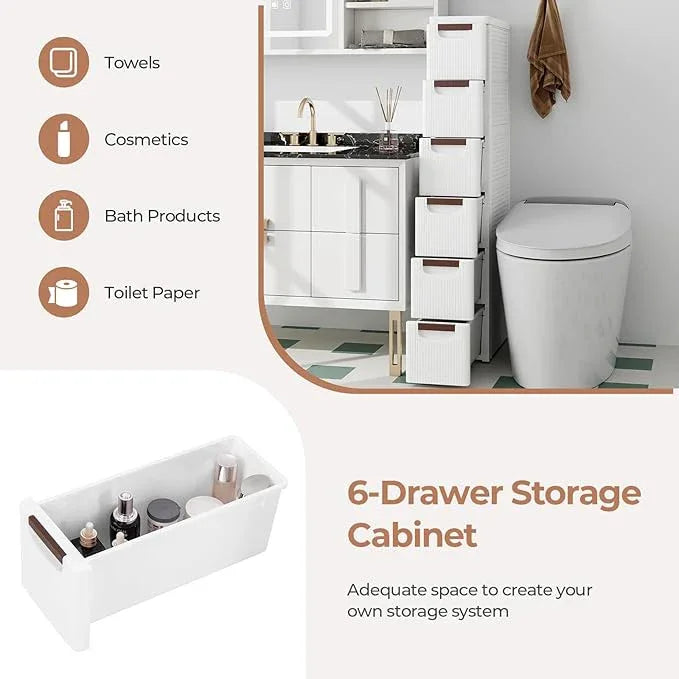 Giantex 6 Drawers Storage Cart, Narrow Plastic Dresser, Rolling Organizer Cart for Office Classroom Bedroom Bathroom Art Craft Supplies, Mobile Slim Utility Cart on Wheels (7.5"x16.5"x43") - ModernBath
