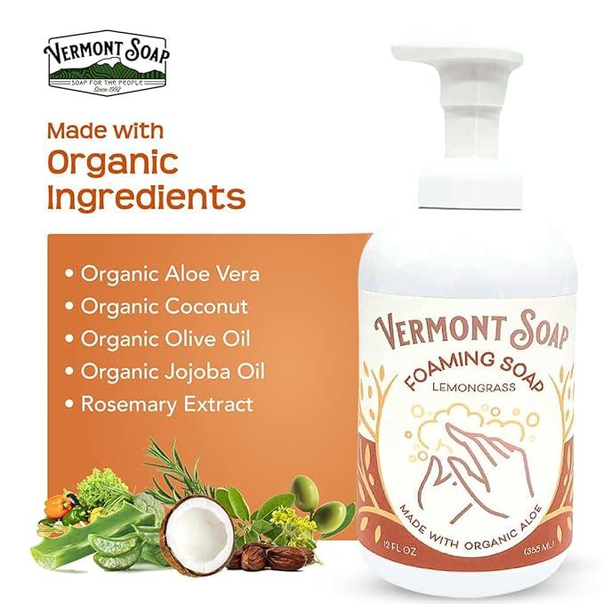 VERMONT SOAP Organic Lemongrass Zen Foaming Hand Soap - Natural Moisturizing Soap for Dry Skin - Fragrance Free Liquid Bathroom Hand Soap Dispenser - Lemongrass Zen - 12 oz - ModernBath