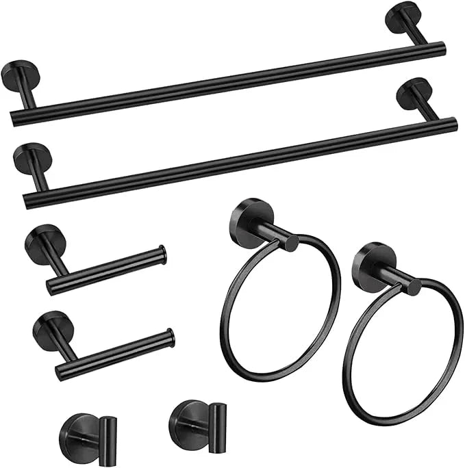 Cilee 8 Piece Matte Black Bathroom Hardware Set, 24inch Bathroom Towel bar+Towel Ring+Toilet Paper Holder+ Robe Towel Hook, SUS304 Stainless Steel Bathroom Accessory Set - ModernBath