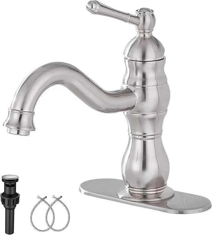 Bathroom Faucet Brushed Nickel GGStudy 360° Swivel Bathroom Vanity Faucet Single Handle One Hole Bathroom Sink Faucet Basin Matching Pop Up Drain with Overflow - ModernBath