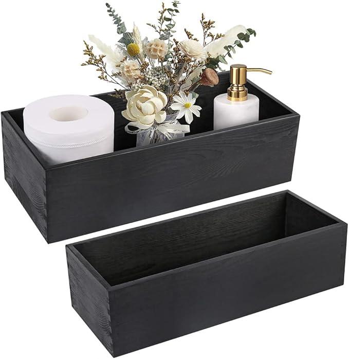 LotFancy Bathroom Decor Box, 2 Pack Wooden Toilet Paper Holder, Black Toilet Tank Storage Basket, Farmhouse Rustic Back of Toilet Tray - ModernBath