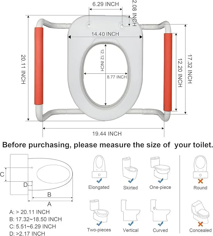 R&T Toilet Seat Riser 2" Raised Seat with Removable Padded Handles Fit for Elongated Toilets - ModernBath