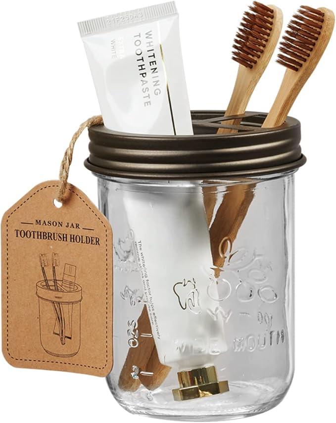 Amolliar Mason Jar Bathroom Accessories Set 4 Pack - Foaming Soap Dispenser&2 Qtip Holders&Toothbrush Holder-Rustic Farmhouse Decor Bathroom Organizer Apothecary Jar Country Countertop (Bronze) - ModernBath