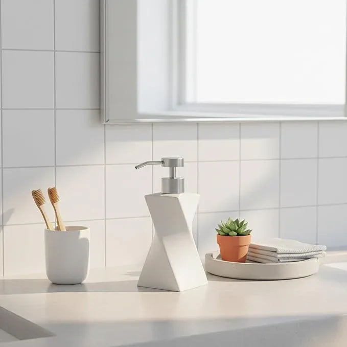 Modern White Hand Soap Dispenser with Stainless Steel Pump for Bathroom Countertop, Dish Soap Dispenser for Kitchen Sink, Contemporary Art Style, Matte Finish, 8.5oz (Arctic White) - ModernBath