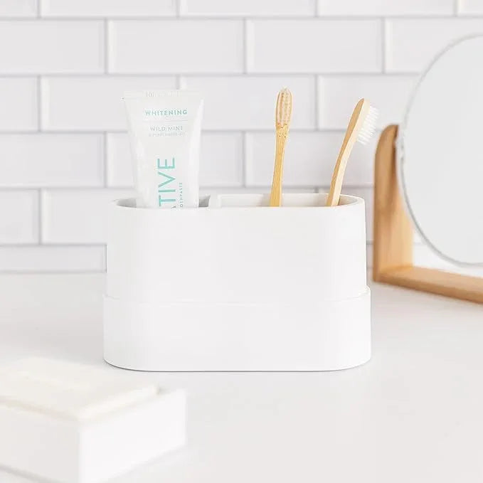Yew Design Matte White Large Toothbrush and Toothpaste Holder and Cup for Bathroom Vanity and Countertop, Round Organizer for Electric Toothbrushes, Floss, Razors, Cotton, and Mouthwash - ModernBath