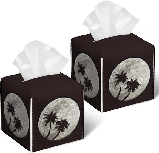 Full Moon Tissue Box Cover 2PCS, Palm Tree Leather Tissue Box Holder Square Facial Paper Case Tissue Box Cube Organizer for Bathroom Bedroom Desk Office - ModernBath