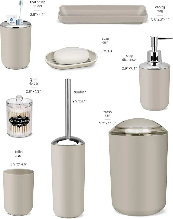IMAVO Bathroom Accessories Set,Beige Bathroom Set,9 Pieces Bathroom Accessory Set,Tray,Qtip Holders,Toilet Brush,Trash Can for Bathroom Décor and Home Gifts - ModernBath