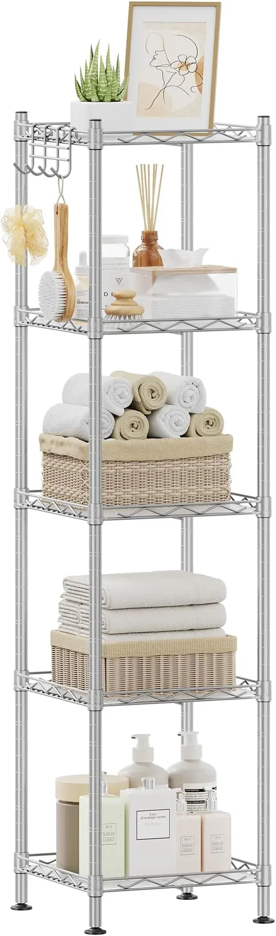 SONGMICS 5-Tier Bathroom Shelf, Storage Rack for Small Space, with 5 PP Shelf Liners, Removable Hook, Extendable Design, Silver and Translucent ULGR023S01 - ModernBath