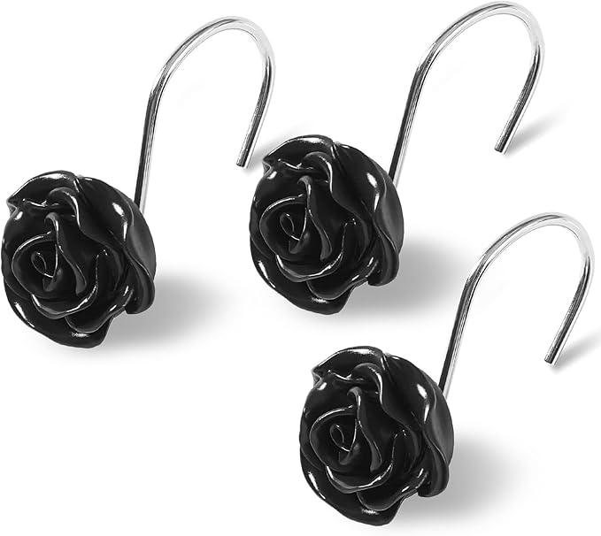 Litabel Rose Flower Shower Curtain Hooks 12PCS,Home Decorative Black Rose Shower Curtain Hooks Metal Rustproof Cute Rose Flower Shower Hooks Rings Bathroom Shower Rods Curtains - ModernBath