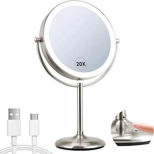 9" Lighted Makeup Mirror, 1X/20X Rechargeable Magnifying Mirror with 3 Color Dimmable Lights for Bedroom Tabletop, Base Charging and Switch, Women Gift - ModernBath