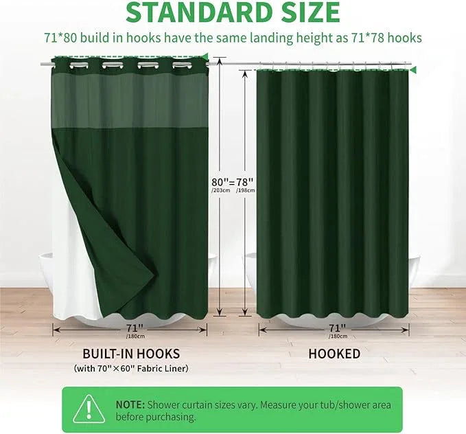 eachope Long No Hooks Needed Linen Textured Shower Curtain with Snap-in Fabric Liner Set,Hotel Luxury Decor Shower Curtains for Bathroom,Waterproof & Washable,71Wx80H,Emerald Green - ModernBath