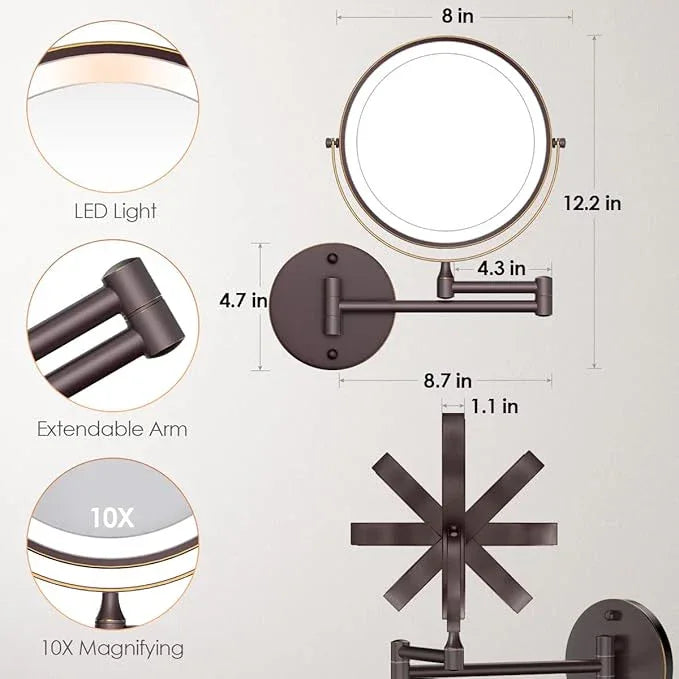 Rocollos Rechargeable Wall Mounted Lighted Makeup Mirror, 8 Inch Double-Sided LED Vanity Mirror 1X/10X Magnification,3 Color Lights Touch Screen Dimmable 360°Swivel 13 Inch Extendable - ModernBath