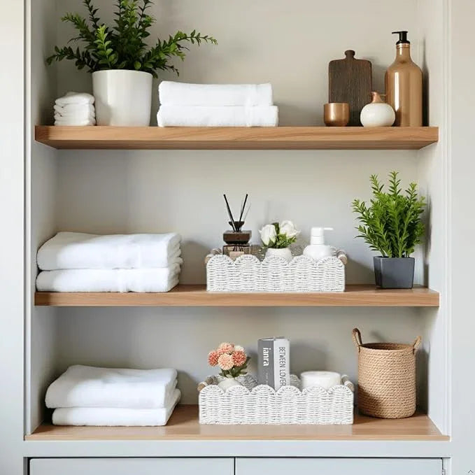 CubesLand Decorative Toilet Paper Storage Basket, Modern Farmhouse Home Decor Basket for Organizing, Scalloped Pantry Baskets for Shelves, Countertop, Living Room, w/Wood Handles, White 2 Sizes - ModernBath
