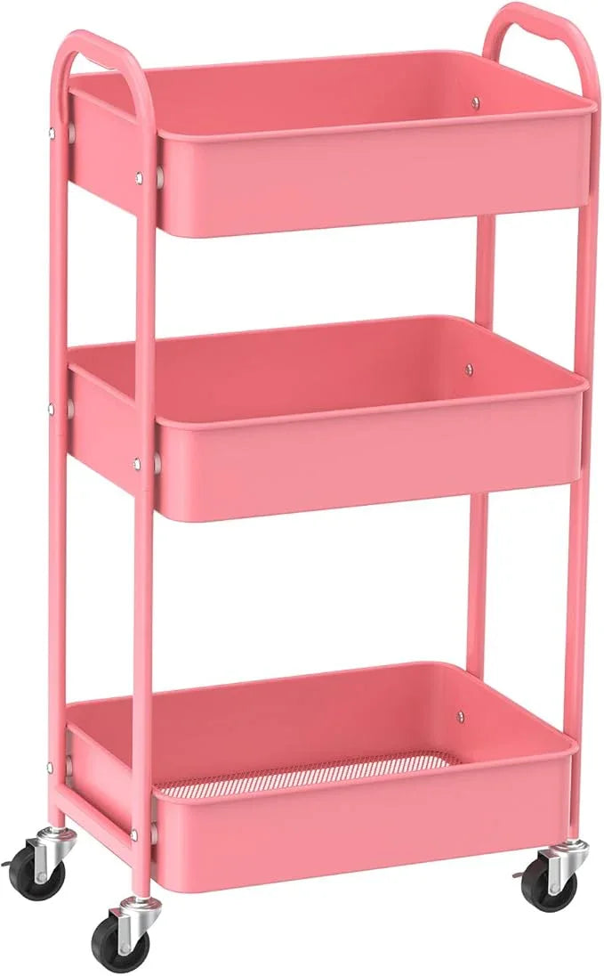 MAX Houser 3-Tier Rolling Utility Cart with Caster Wheels,Easy Assembly, for Kitchen, Bathroom (Pink) - ModernBath
