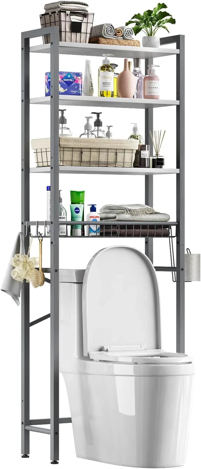 Over-The-Toilet Storage Rack, 4-Tier Bathroom Organizer Shelf Over Toilet with Adjustable Shelf and Basket, Freestanding Space Saver Bathroom Shelves Above Toilet for Room (Gray- White) - ModernBath