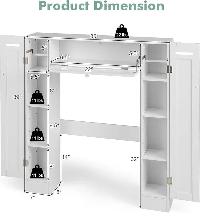 Tangkula Over The Toilet Storage Cabinet, Bathroom Space Saver Organizer with 2 Side Doors, Adjustable Shelves, Paper Holder, Freestanding Bathroom Cabinet Over Toilet for Small Space, Restroom, White - ModernBath