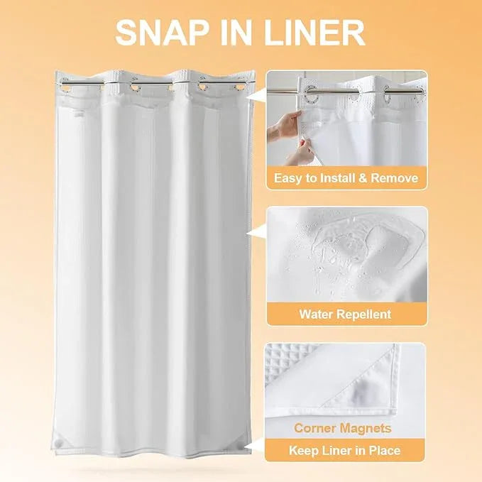 River Dream Stall Cotton Blend No Hooks Needed Shower Curtain with Snap in Liner, Water Repellent, Hotel Grade (White, 36"x74") - ModernBath