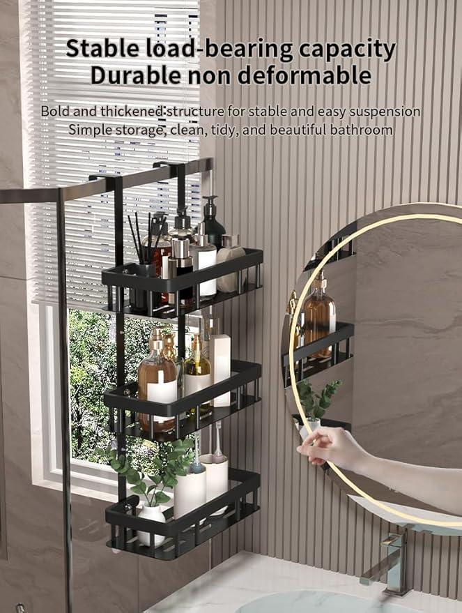 3-Tier Over Door Shower Caddy, Black Metal Bathroom Storage Rack, 11.81x5.31 Inch Shelves, Rustproof Organizer, Modern Style, No Drilling Required, for Toiletry Storage - ModernBath