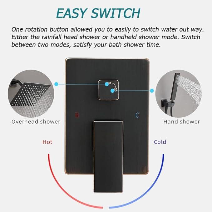JingGang Oil Rubbed Bronze Shower System 6 Inch Bathroom Rain Mixer Shower Combo Set Wall Mounted Rainfall Shower Head and Handheld System Shower Faucet Set Rough-in Valve Body and Trim Kit - ModernBath