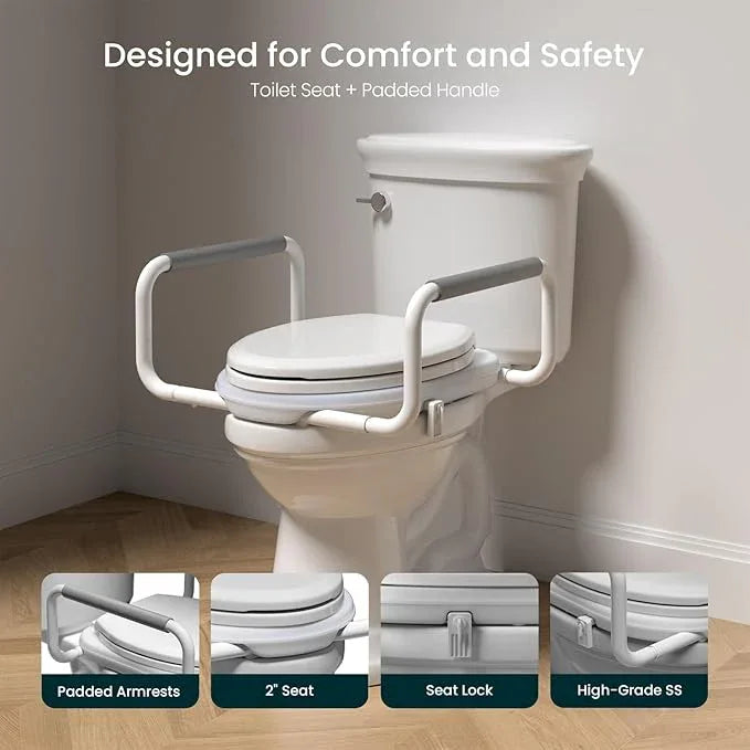 R&T 2" Toilet Seat Riser with Handles – Comfortable Raised Toilet Seat for Seniors, Fits for Elongated Toilets, Elevated Seat with Soft Grey Padded Arms for Bathroom - ModernBath