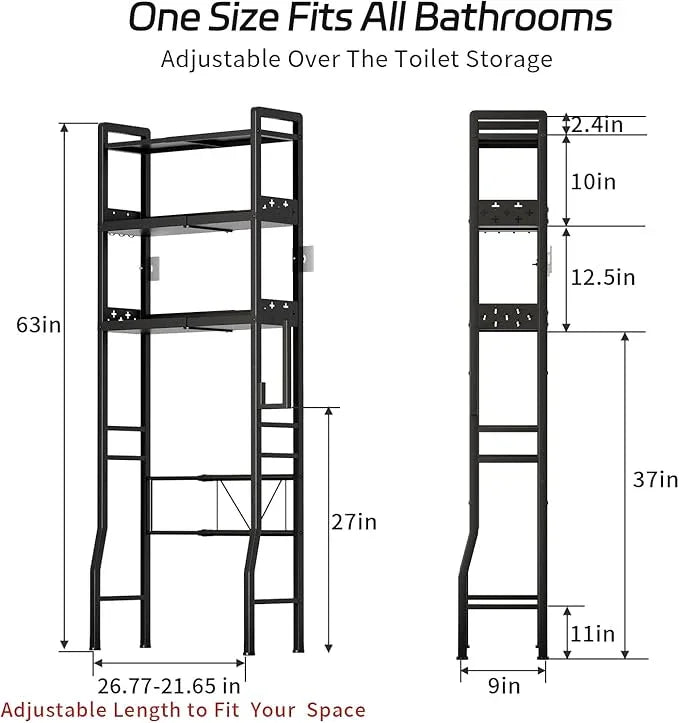 HEVONTIXAL Over The Toilet Storage Shelf, 3-Tier Metal Adjustable Bathroom Over Toilet Organizer with Toilet Paper Holder & Hooks,Space-Saving Toilet Storage Cabinet Option for Small Bathrooms, Black - ModernBath