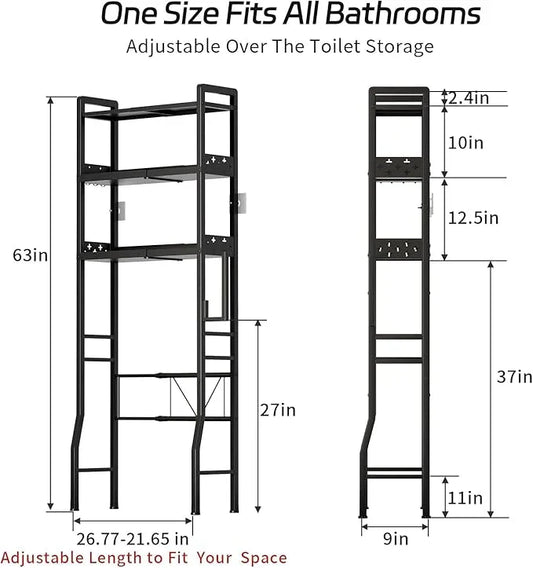 HEVONTIXAL Over The Toilet Storage Shelf, 3-Tier Metal Adjustable Bathroom Over Toilet Organizer with Toilet Paper Holder & Hooks,Space-Saving Toilet Storage Cabinet Option for Small Bathrooms, Black - ModernBath