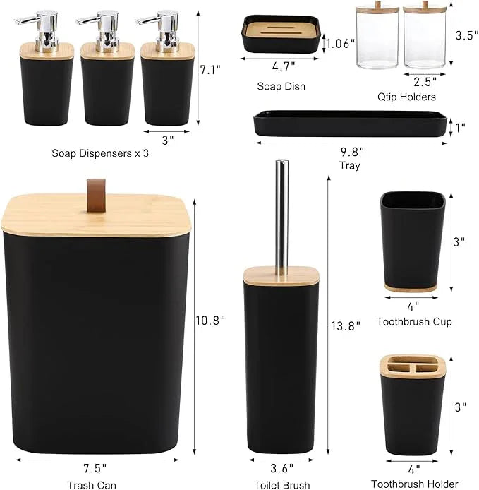 XLHOMO Black Bathroom Accessories, Bathroom Accessories Set with Trash Can, Soap Dispenser, Toothbrush Holder, Toothbrush Cup, Soap Dish, Toilet Brush, Tray and Q-tip Holders for Housewarming - ModernBath