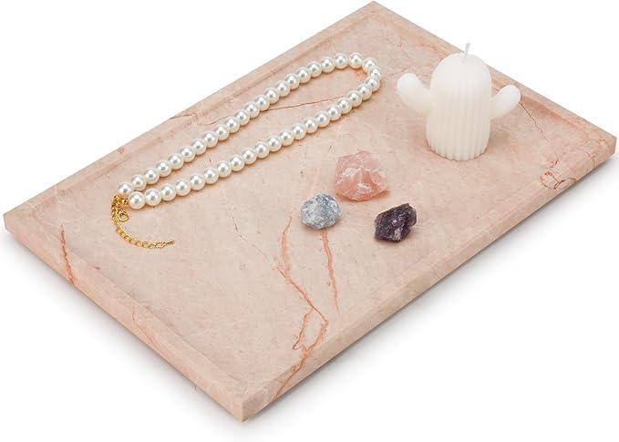 Real Luxurious Natural Marble Tray - 12x8 Inch Marble Vanity Tray for Perfume Display, Jewelry Organizer, Bathroom & Home Decor -Heavy Duty Non-Slip Stone Tray (Non-Resin/Non-Ceramic)（Pink） - ModernBath