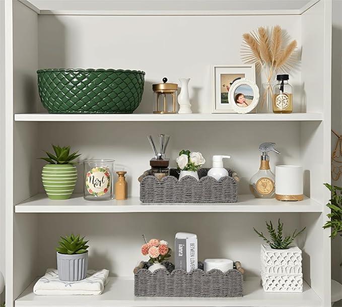 CubesLand Decorative Toilet Paper Storage Basket, Modern Farmhouse Home Decor Basket for Organizing, Scalloped Pantry Baskets for Shelves, Countertop, Living Room, w/Wood Handles, Grey 2 Sizes - ModernBath