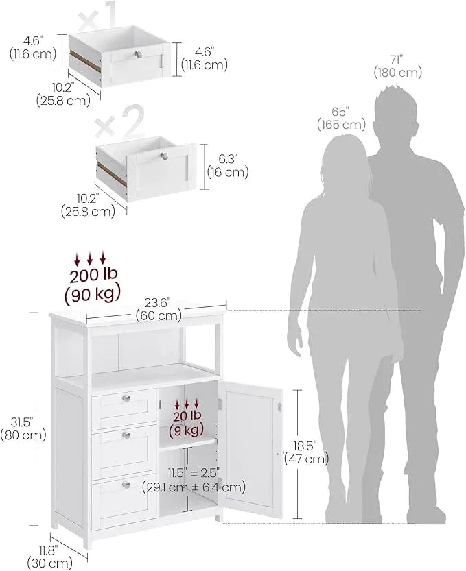 VASAGLE Floor Storage Cabinet, Freestanding Storage Unit with 3 Drawers, Adjustable Shelf, 11.8 x 23.6 x 31.5 Inches, for Living Room, Bathroom, Entryway, White UBBC542P31V1 - ModernBath