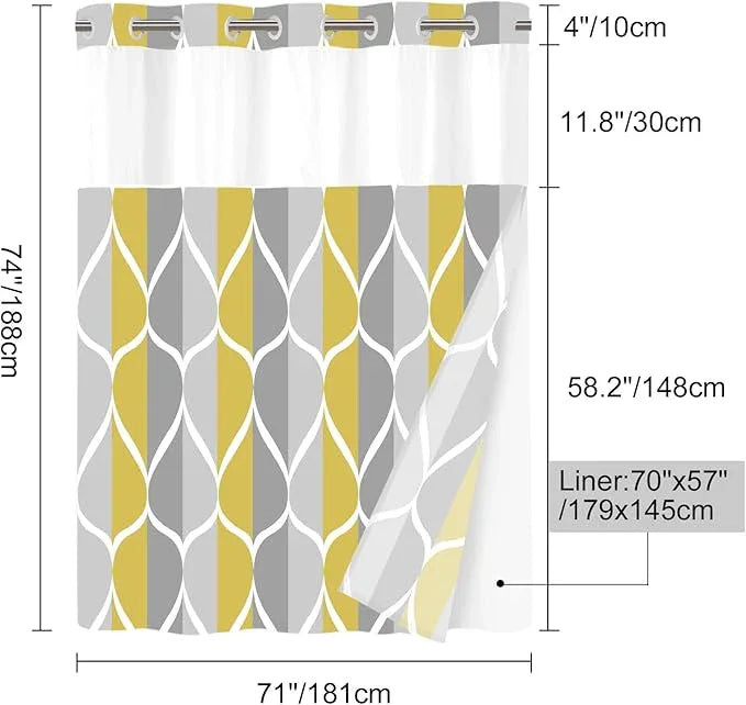 Yiatn Gray Yellow No Hook Shower Curtain with Liner Attached - Hotel Style with See Through Mesh Top Window, Modern Geometric Waterdrop Design,Waterproof and Washable, 71x74 INCH - ModernBath