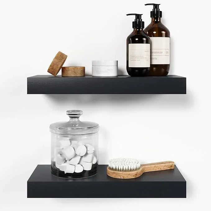 Homeforia 16 inch Black Floating Shelves, High End Solid Real Wood 16inch Bathroom Floating Shelves for Wall Mounted, 16in Wooden Small Floating Shelf, Heavy Duty Bracket, 16 X 6.5 X 1.75 in, Set of 3 - ModernBath