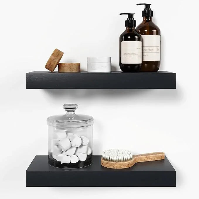 Homeforia 16 inch Black Floating Shelves, High End Solid Real Wood 16inch Bathroom Floating Shelves for Wall Mounted, 16in Wooden Small Floating Shelf, Heavy Duty Bracket, 16 X 6.5 X 1.75 in, Set of 4 - ModernBath