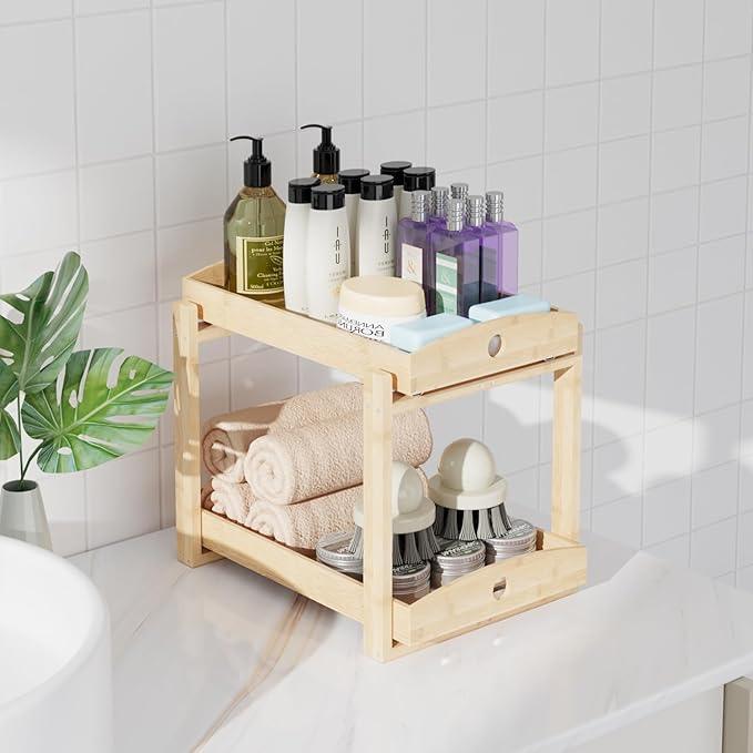 Bamboo Wood Under Sink Organizer 1 Pack, Pull Out Cabinet Organizer 2 Tier Under Sink Organizers and Storage with Sliding Drawer Sturdy Easy Assembly for Kitchen Bathroom Undersink (Nature, 2 Packs) - ModernBath