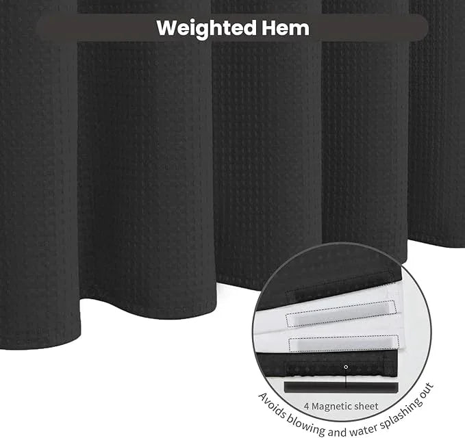 Inhousolu No Hook Waffle Weave Shower Curtain with Removable Snap in Fabric Liner Set for Bathroom, 230 GSM Heavy Duty Weighted Hem, Water Repellent Washable Bath Curtains, 36 x 72 Inch, Black - ModernBath