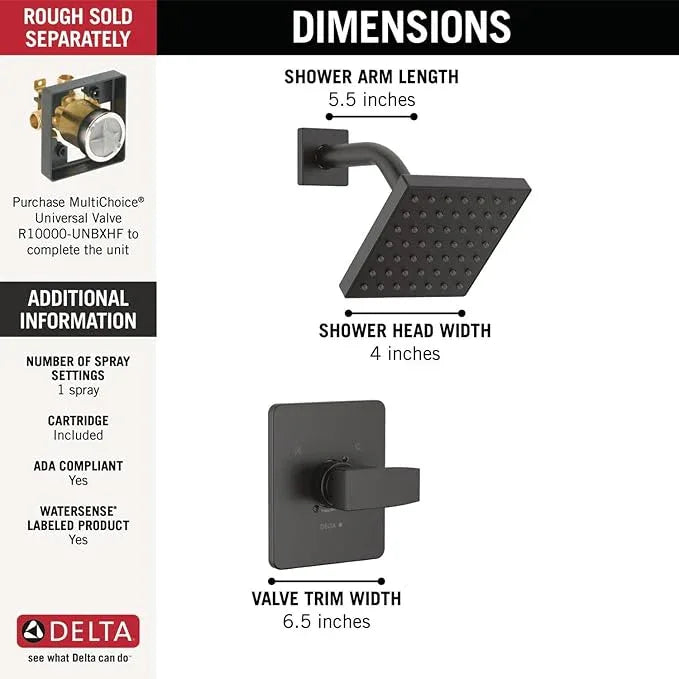 Delta Modern 14 Series Shower Faucet Set, Matte Black Shower Head and Handle Set, Valve Trim Kit, Matte Black T14267-BL-PP (Valve Not Included) - ModernBath