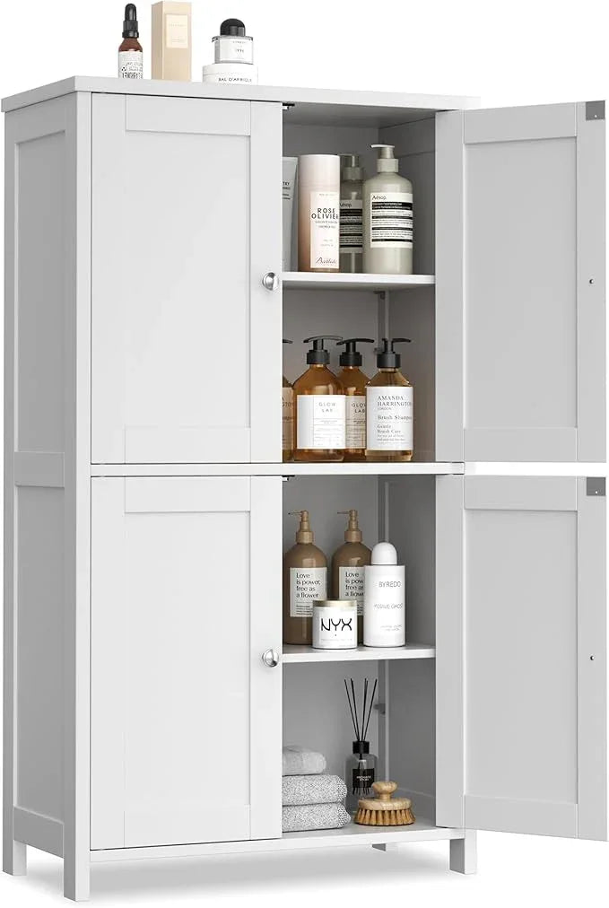 Vongrasig Bathroom Storage Cabinet, Small Bathroom Floor Cabinet with 4 Doors and Adjustable Shelves, Freestanding Modern Cabinet for Entryway, White - ModernBath