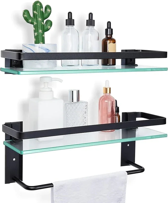 Suzile Set of 2 Glass Bathroom Shelves with Bar, Wall Mounted 15.7 x 4.7 Inches, Bathroom Shelves Hanging Modern Floating Shelf Metal Stick Room Rustproof Organizer Decorative(Black) - ModernBath