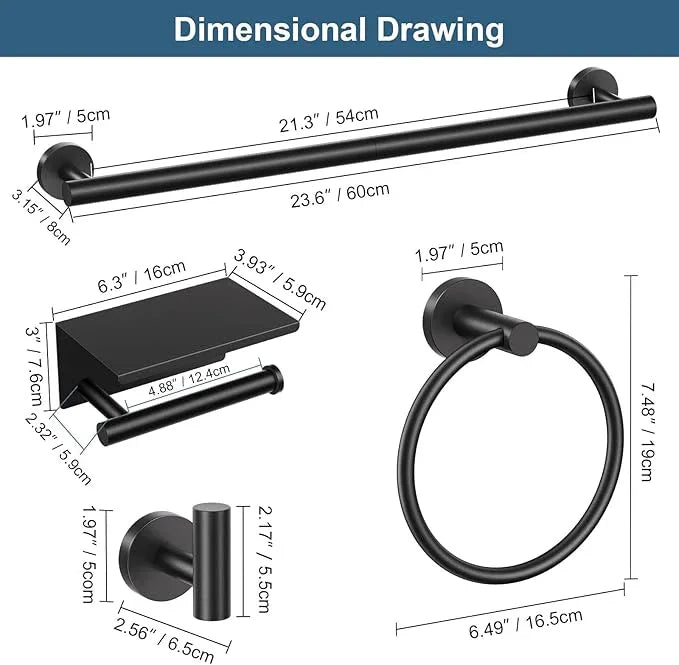 Matte Black Bathroom Hardware Set, 5 Pieces Black Towel Bar Bathroom Accessories Set, Upgraded Toilet Paper Holder with Shelf, 23.6 Inch Towel Rack Towel Holder for Bathroom Wall - ModernBath