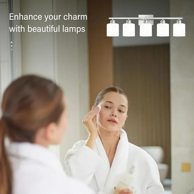 FAISHILAN 5 Light Bathroom Light Fixtures Brushed Nickel, Bathroom Vanity Light with Milky White Frosted Glass Shade, Vanity Lights for Mirror Bedroom Living Room E26 Base - ModernBath