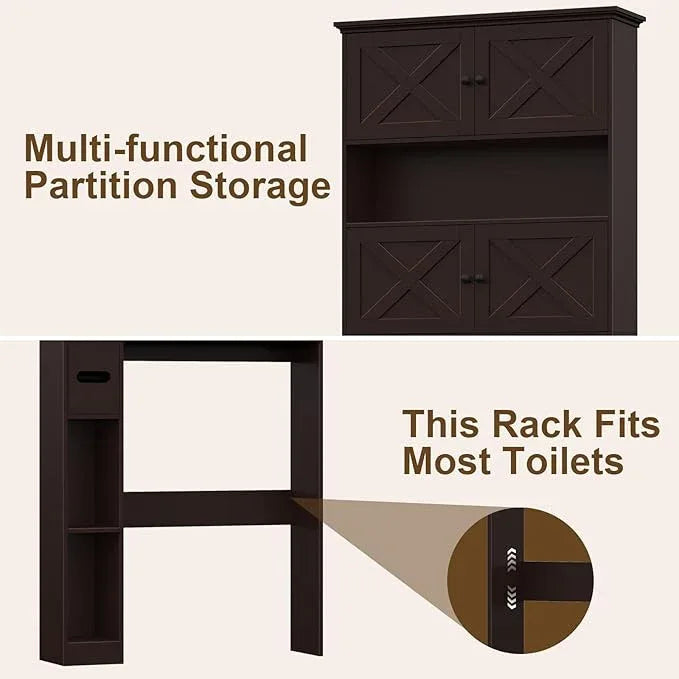 Over The Toilet Storage Cabinet, Farmhouse Storage Cabinet Over Toilet with 4 Barn Doors & Toilet Paper Holder Stand, Espresso Toilet Shelf Home Space Saver for Restroom, Bathroom, Laundry - ModernBath