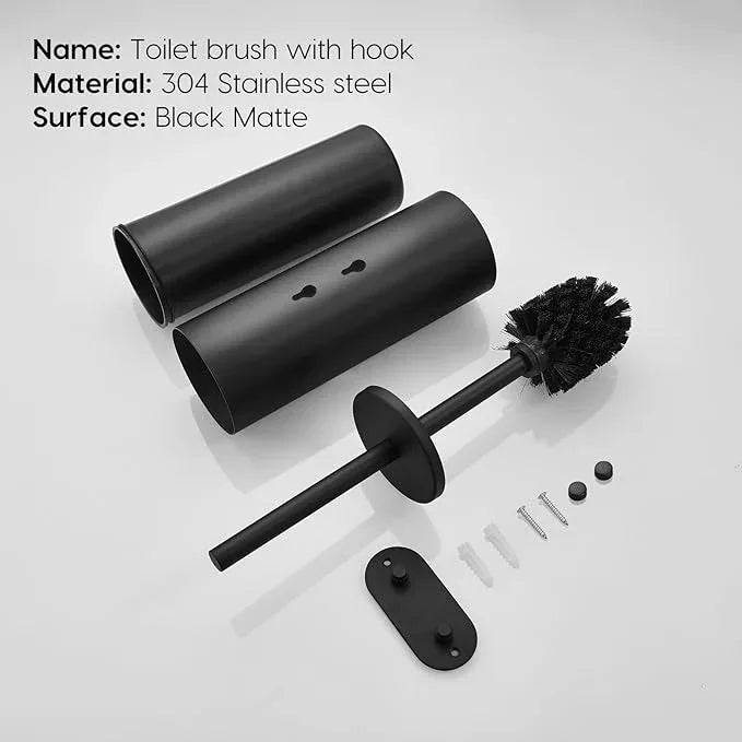 Toilet Bowl Brush and Holder, 304 Stainless Steel No-Punch Hook Base Dual Purpose Toilet Brush Holder with Removable Inner Bucket and Splash Cover - Soft Bristles (Black) - ModernBath