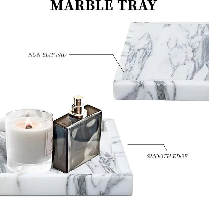 Amauto Natural Marble Vanity Tray Genuine Stone Storage Tray Real Luxurious for Home Decor Bathroom/Vanity/Dresser Non-Resin/Non-Ceramic (Arabescato Calacatta) - ModernBath