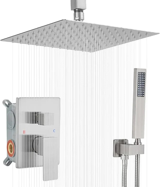 Heable Shower System Brushed Nickel Bathroom 10 Inch Rain Shower Head Ceiling Mount with Handheld Luxury High Pressure Shower Combo Set Shower Faucet Rough-in Valve Body and Trim Kit - ModernBath