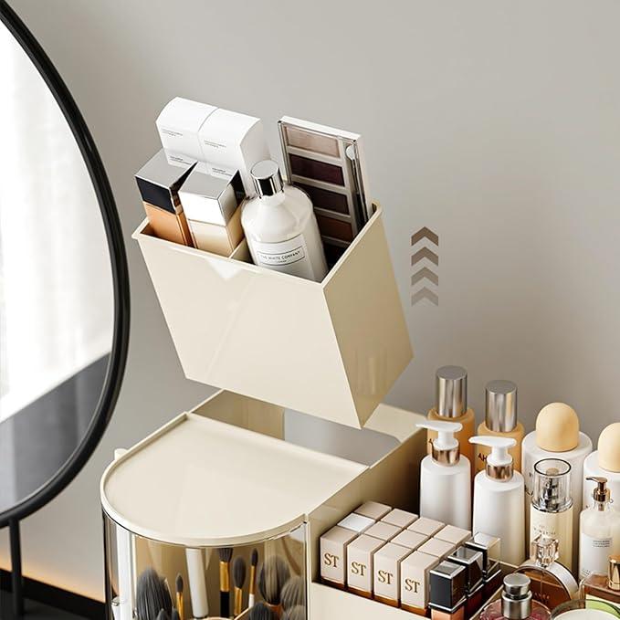 Makeup Organizer with Rotating Brush Holder Cosmetic Organizer with Drawers Countertop Skincare Organizer for Vanity,Cosmetic Display Case Storage (Cream, Large) - ModernBath