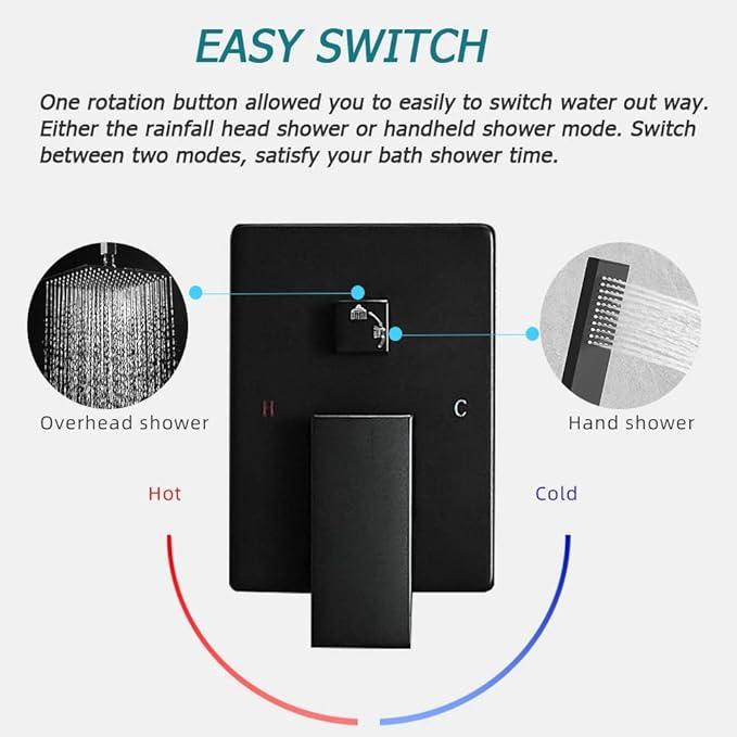 JingGang 12 Inch Ceiling Mount Matte Black Shower System Bathroom Luxury Rain Mixer Shower Combo Set Ceiling Rainfall Shower Head System (Contain Shower Faucet Rough-in Valve Body and Trim Kit) - ModernBath