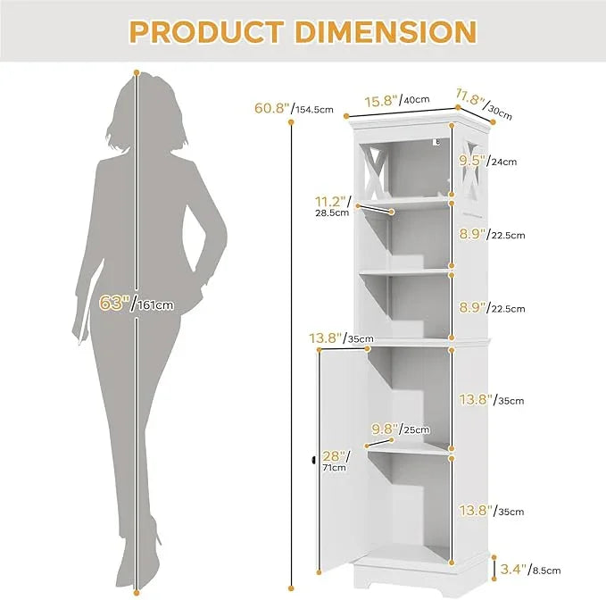 Narrow Bathroom Storage Cabinet with Door and Open Adjustable Shelves, 60.9" H Wooden Tall Tower Corner Farmhouse Cabinet, Freestanding Organizer for Kitchen, Entryway White - ModernBath